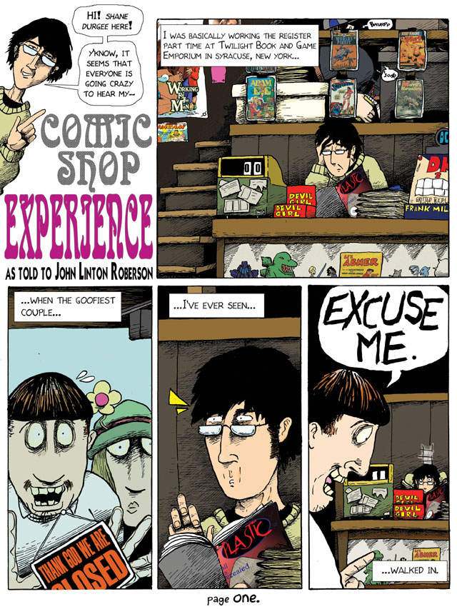 Shane Durgee's "Comic Shop Experience" drawn by John Linton Roberson